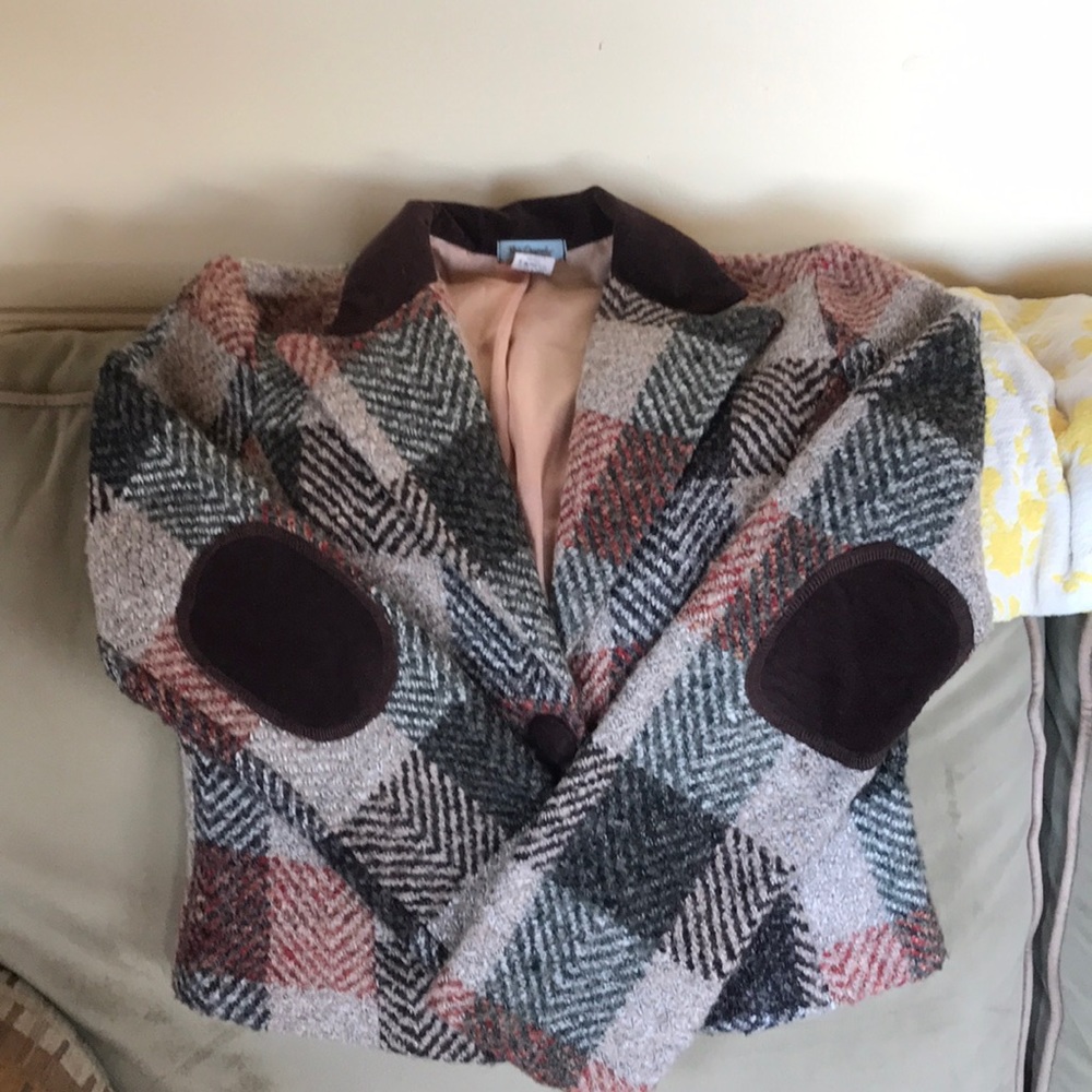 Vintage plaid and velvet blazer Jacket in chocolate brown, orange, grey, tan.